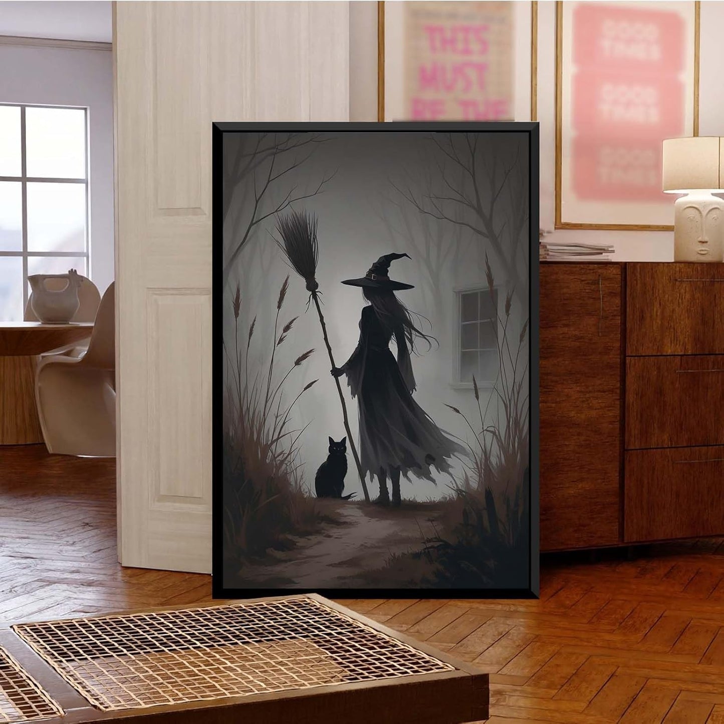 JFHCQJPK Vintage forest witch and black cat poster Halloween mural poster decoration mural art magic suitable for home living room bedroom20x30in Metal blackFramed