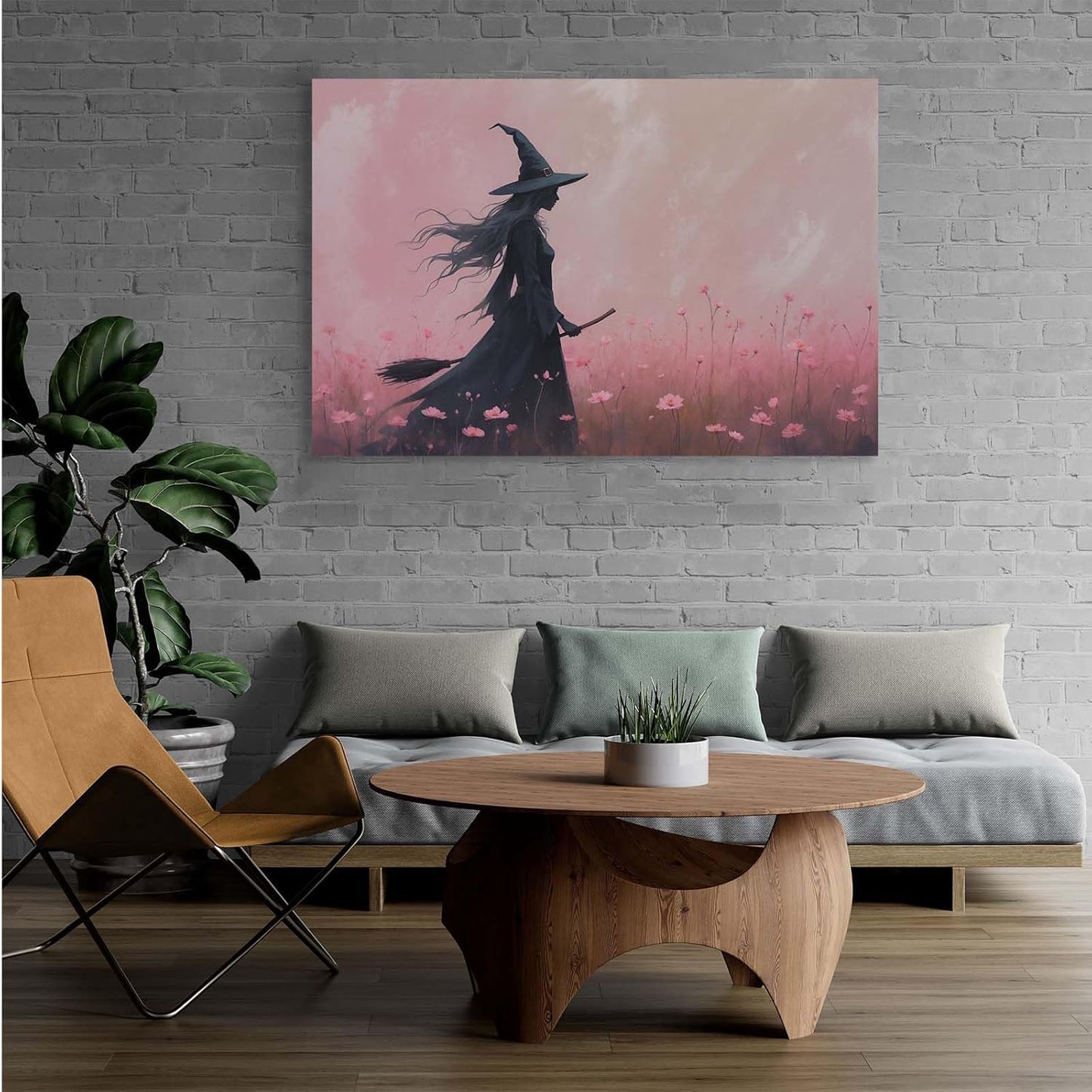 JFHCQJPK Witch in the pink sea of flowers Halloween prints weird flowers wall art silhouette painting fashionable romantic decoration suitable for bedroom32x48in Frameless