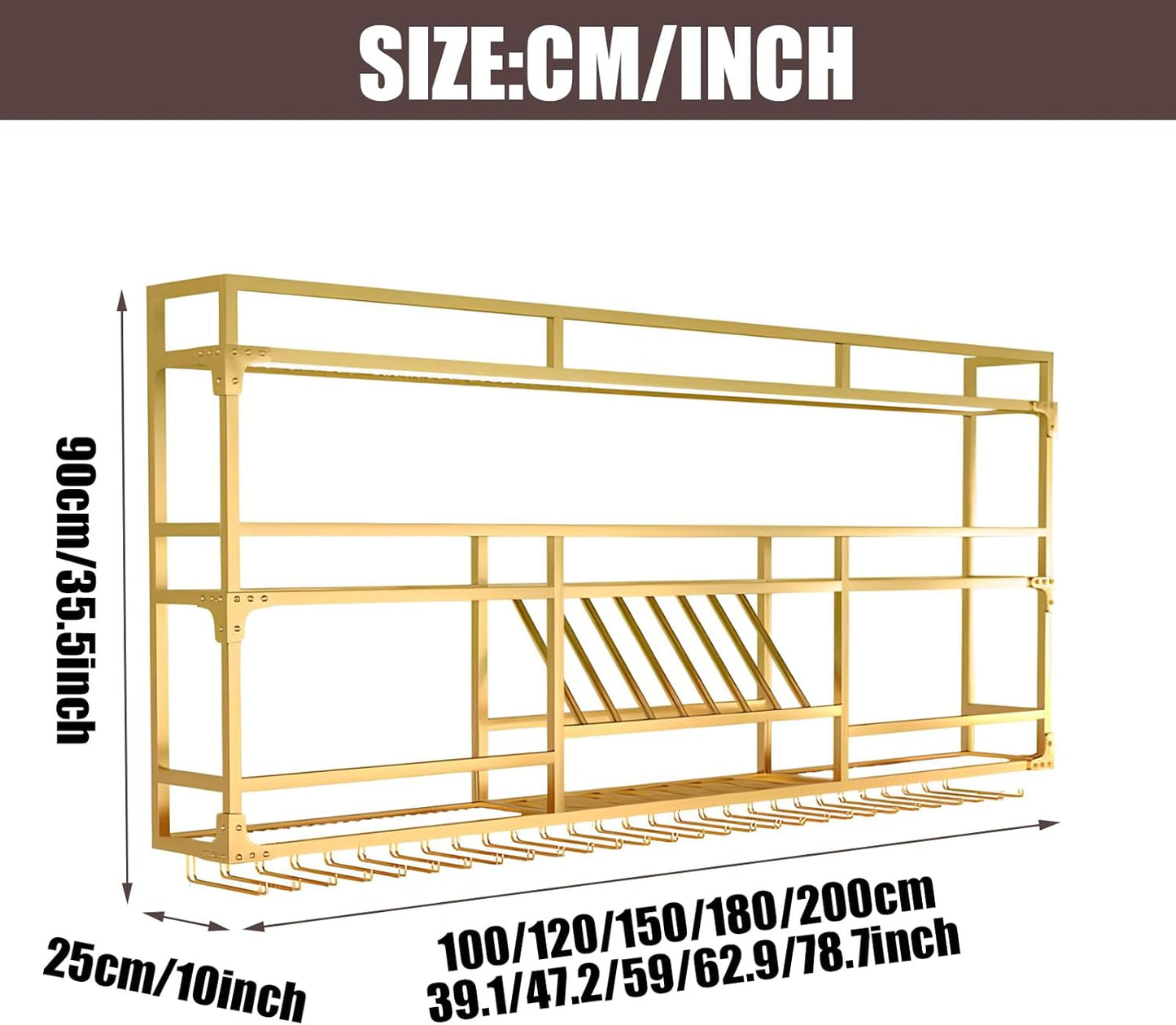 47.2in Wall Mounted Wine Rack, Wine Rack Wall Mounted With Wine Glass Rack, Metal Bar Bottle Display Shelf Wine Cups Hanging Holder, For Home Bar Cafe Dining Room Decoration (GOLD, 47.2*10*35.5inch)