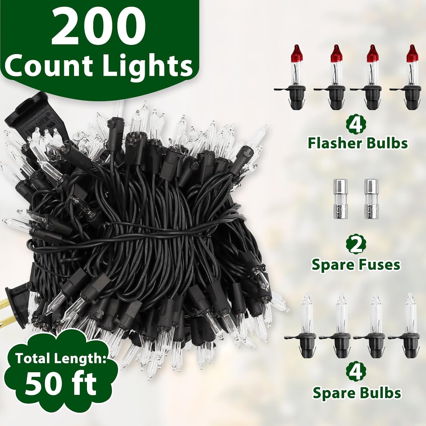 Clear Christmas Lights 50FT 200 Count Incandescent Bulbs Warm White Mini Lights with Black Wire for Christmas Tree, Garland, Wedding, Party, Home, Indoor & Outdoor Festival Decoration