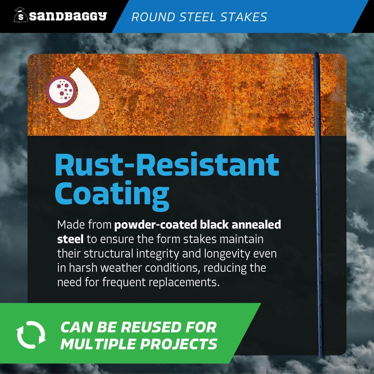 Sandbaggy Round Steel Concrete Form Stakes with Nail Holes - Rust Resistant Coating - Removable, Reusable (20, 3/4 in X 36 in)