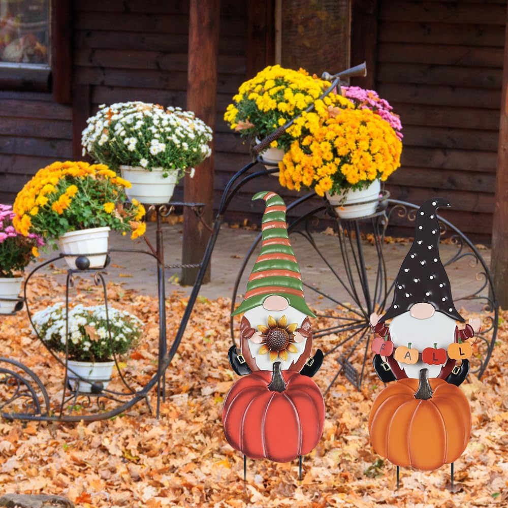 hogardeck Fall Decorations for Home Outdoor, 2 Pcs Metal Gnome Decorative Garden Stakes with Pumpkins for Fall Decor, Yard Signs for Garden Home Lawn Patio Thanksgiving Decorations
