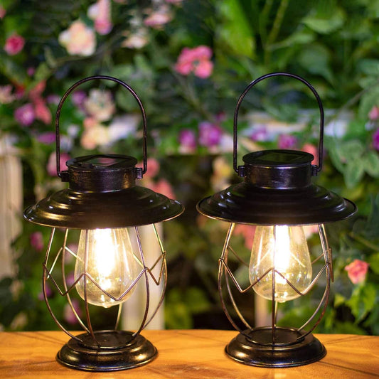 2 Pack Solar Lanterns Outdoor Hanging Solar Lights Decoration with Waterproof Warm Light Bulb for Patio Garden Pathway Yard Table Decor