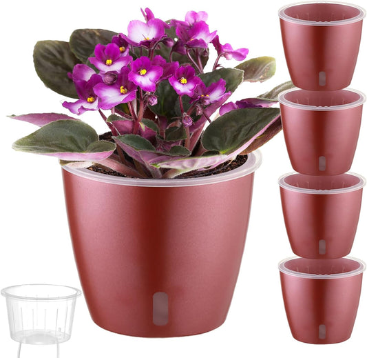 Self Watering Pots for Indoor Plants, 4-Pack 6.7'' Self Watering Planter with Drainage Holes, Small African Violet Pots with Water Indicator, Clear Wick Orchid Pot, Rose Gold