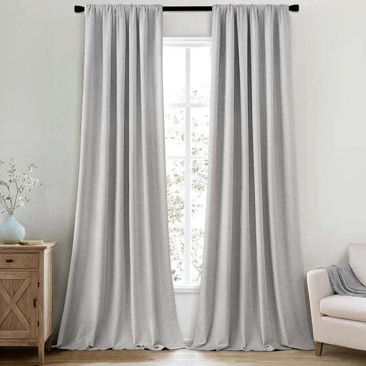 MIULEE 100% Blackout Curtains 84 Inch Long 2 Panels Set for Bedroom, Thick Luxury Faux Linen Black Out Curtain Room Darkening Back Tab Pleat Window Textured Drapes with Hooks for Living Room, Grey