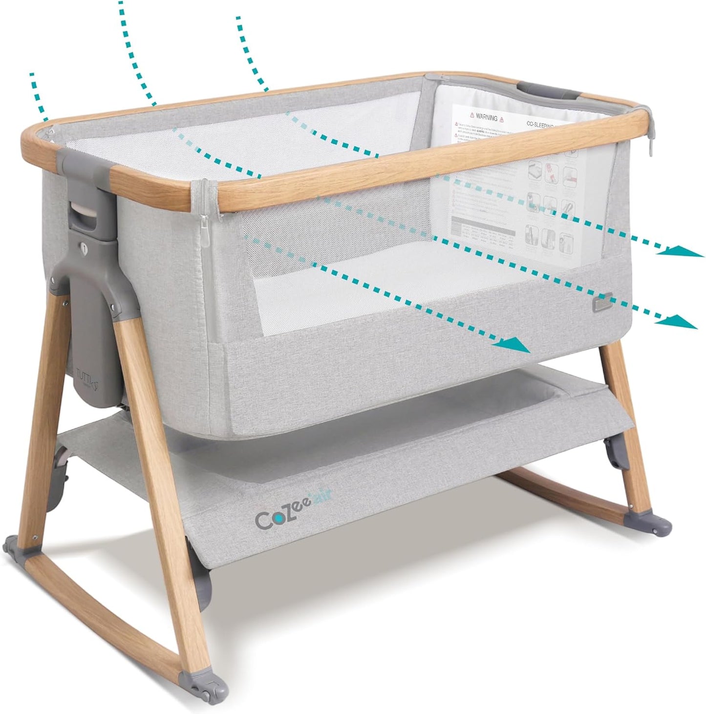 CoZee® Air Baby Bassinet & Bedside Sleeper - Rocking Bassinet for Baby, Fast-Folding with Travel Bag, Deluxe Airflow Mattress & 6 Mattress Heights, 0-6 Months (Silver & Oak)
