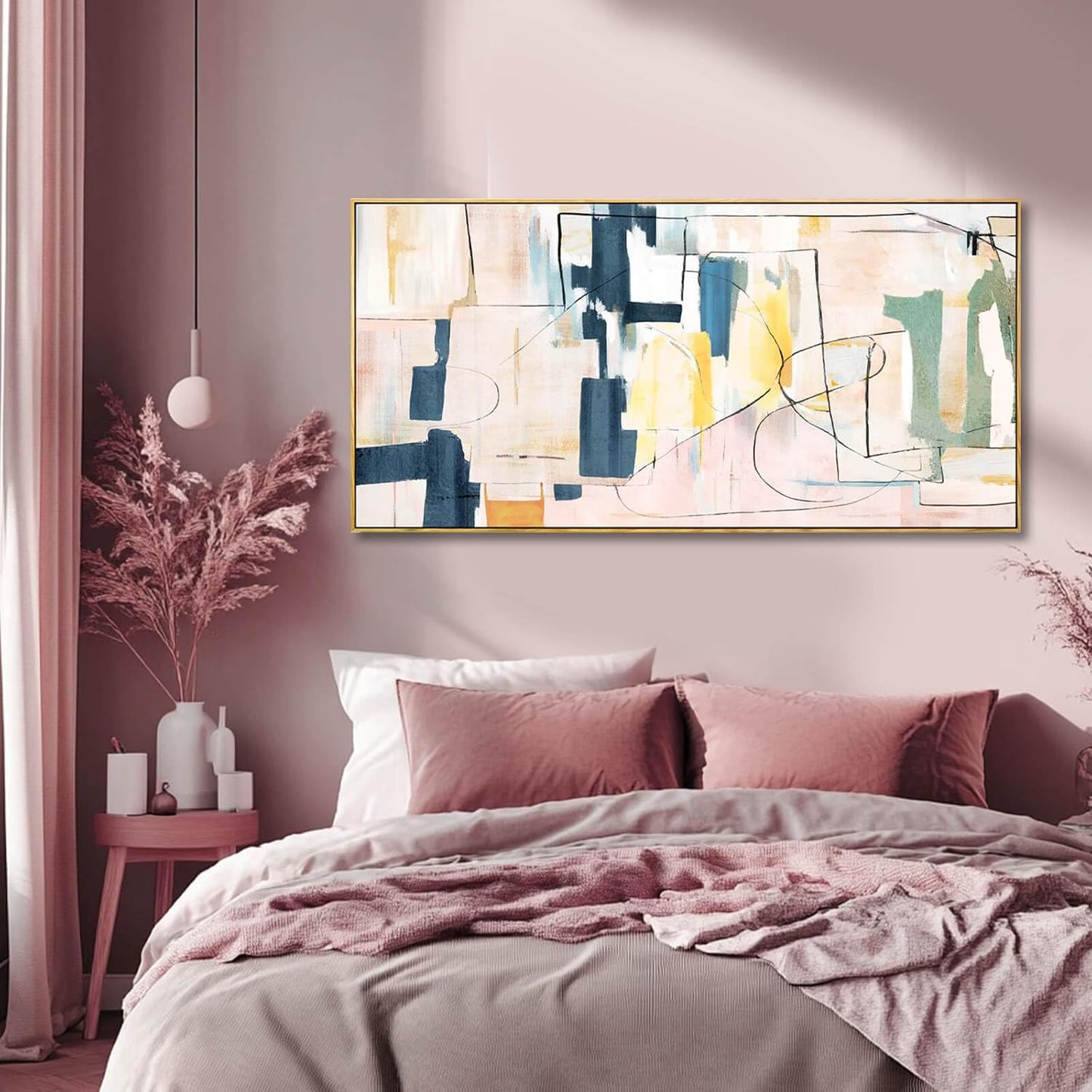 Pink Wall Art Abstract Wall Decorations Navy Blue Artwork Wall Pictures for Living Room Framed Wall Decor 24"x48"