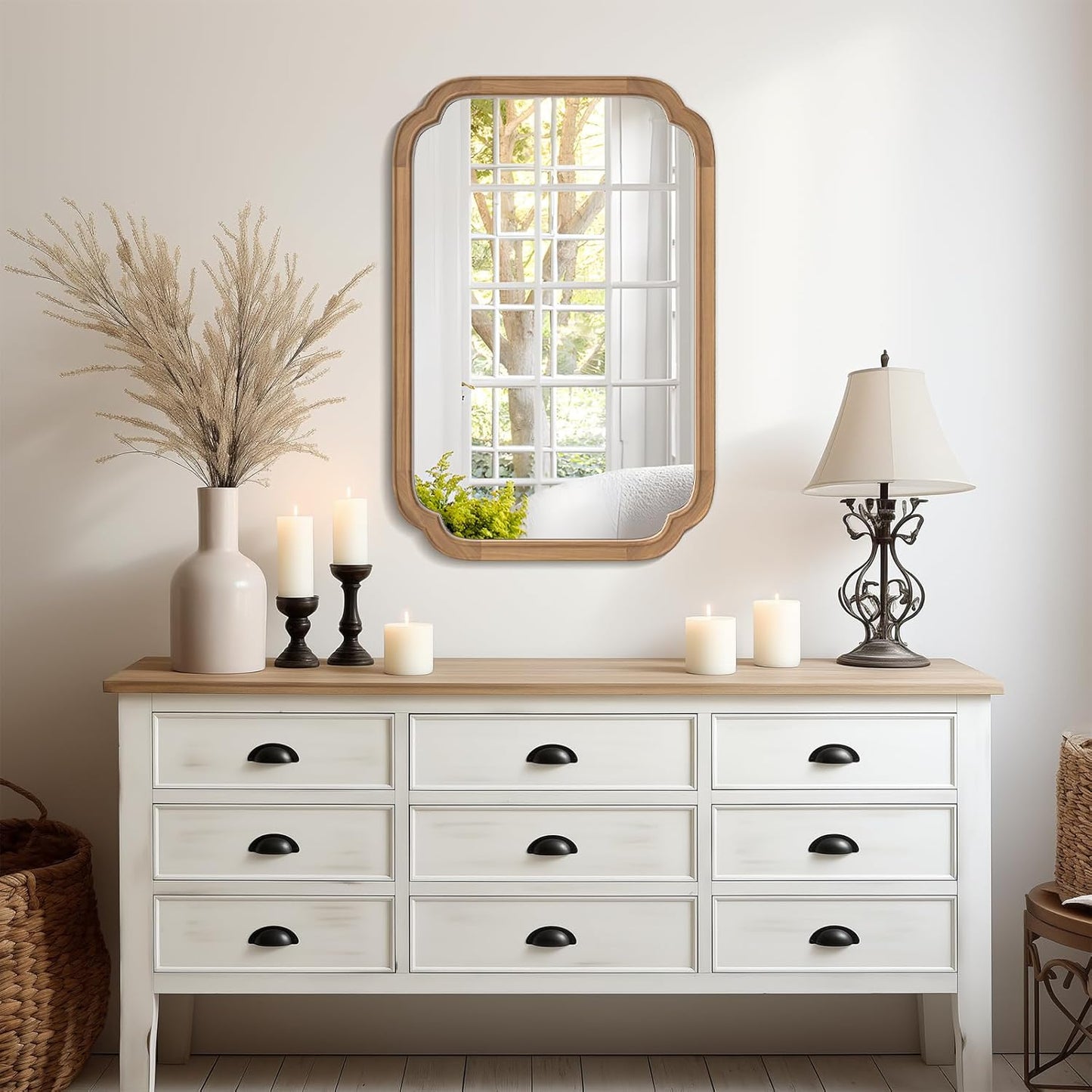 WallBeyond 20" x 30" Rounded Corner Arch Wall Mirror with Wood Frame for Entryway, Living Room or Bedroom Home Decor - Light Woodgrain [20" x 30" Honey-Colored]