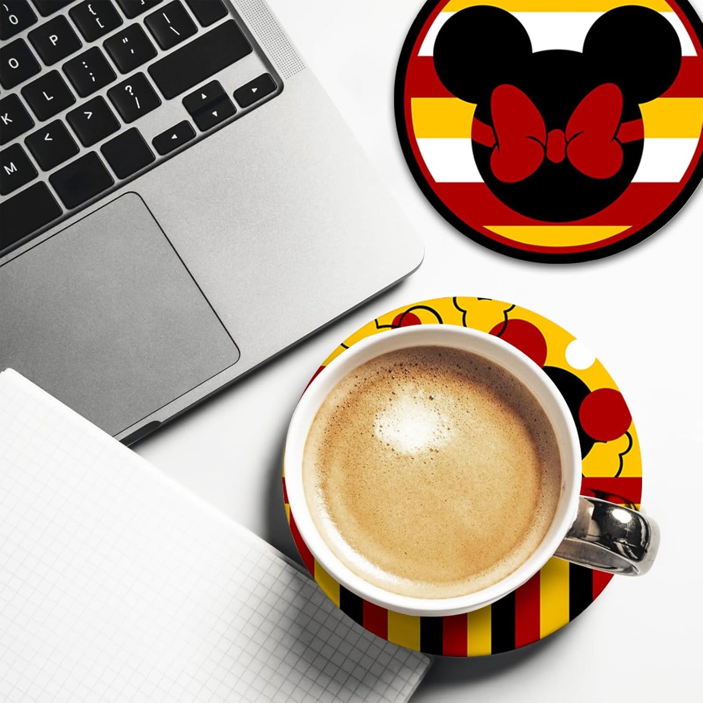 Cute Drink Coasters with Holder Set of 6, Red Yellow Absorbent Ceramic Cup Mat for Coffee Table Protection, 4 Inch Polka Dot Stripes Home Kitchen Decor Housewarming Gifts