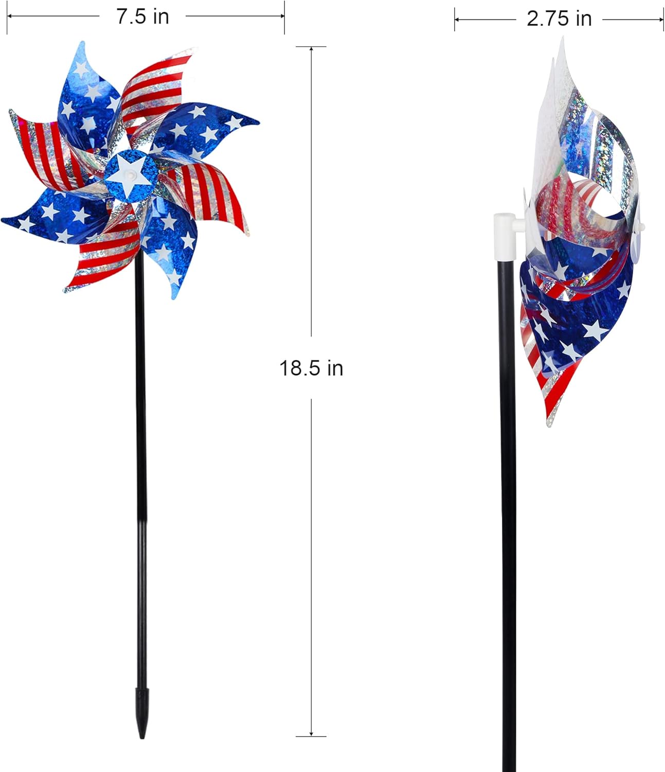 Hausse 10 Pack Reflective Pinwheels Patriotic Decorations, American Flag on Stick Wind Spinner with Stake for Independence Day, Memorial Day July of 4th Party Supplies, Scare Birds Repellent Devices