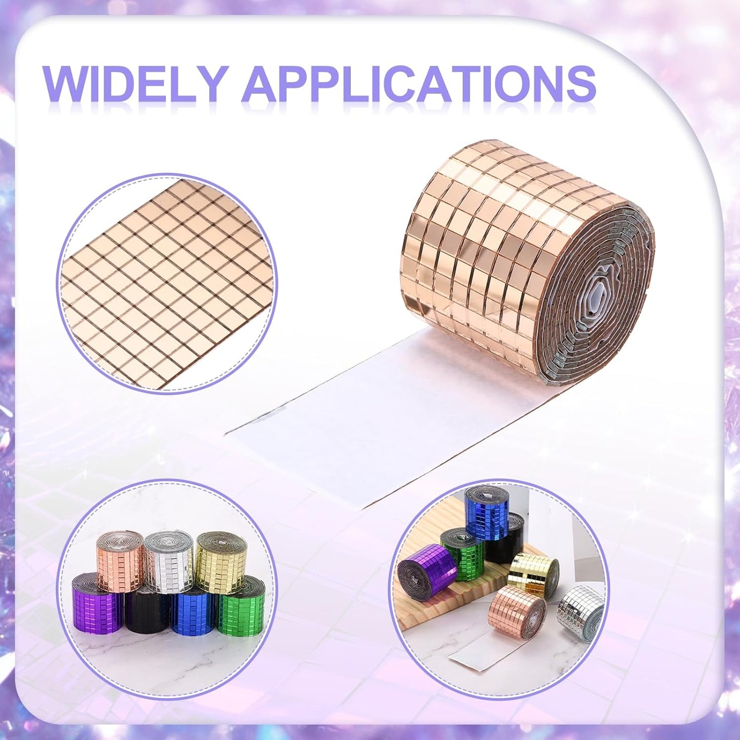 MECCANIXITY Self Adhesive Glass Mirror Mosaic Tiles 3200 Pcs 5 x 5 mm Disco Tiles for Craft Decoration Glass Mirror Disco Ball 2 Rolls (Rose Gold/Silver)