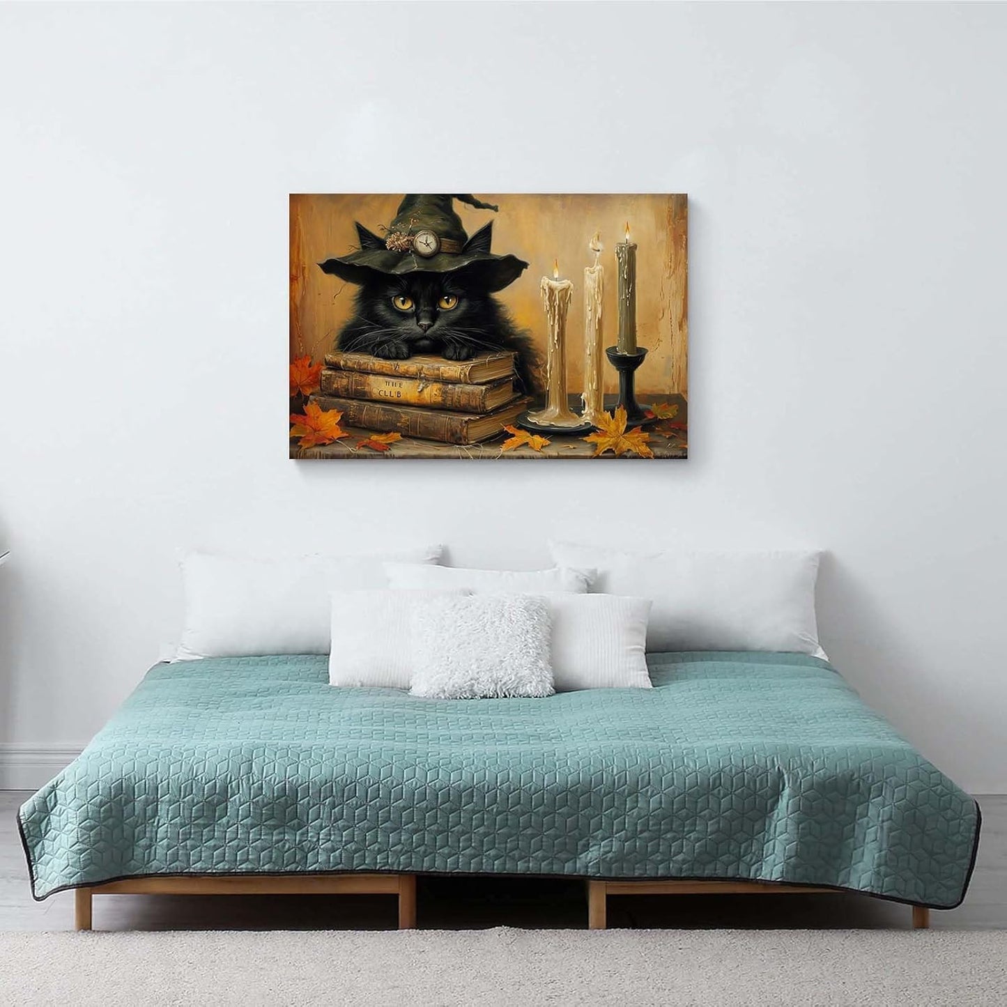 JFHCQJPK Vintage Halloween wall decoration black cat and magic book suitable for home bedroom living room decoration dark classic art witch wall decoration8x12in Frameless