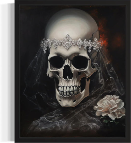Skull Bride Poster Art Print, Halloween Scary Vintage Wall Art Academia Spooky Painting Decoration for Horror Prints, Gothic Posters Bedroom Decor 89 (Skull Bride, 8 x 10 inches, Black Frame)