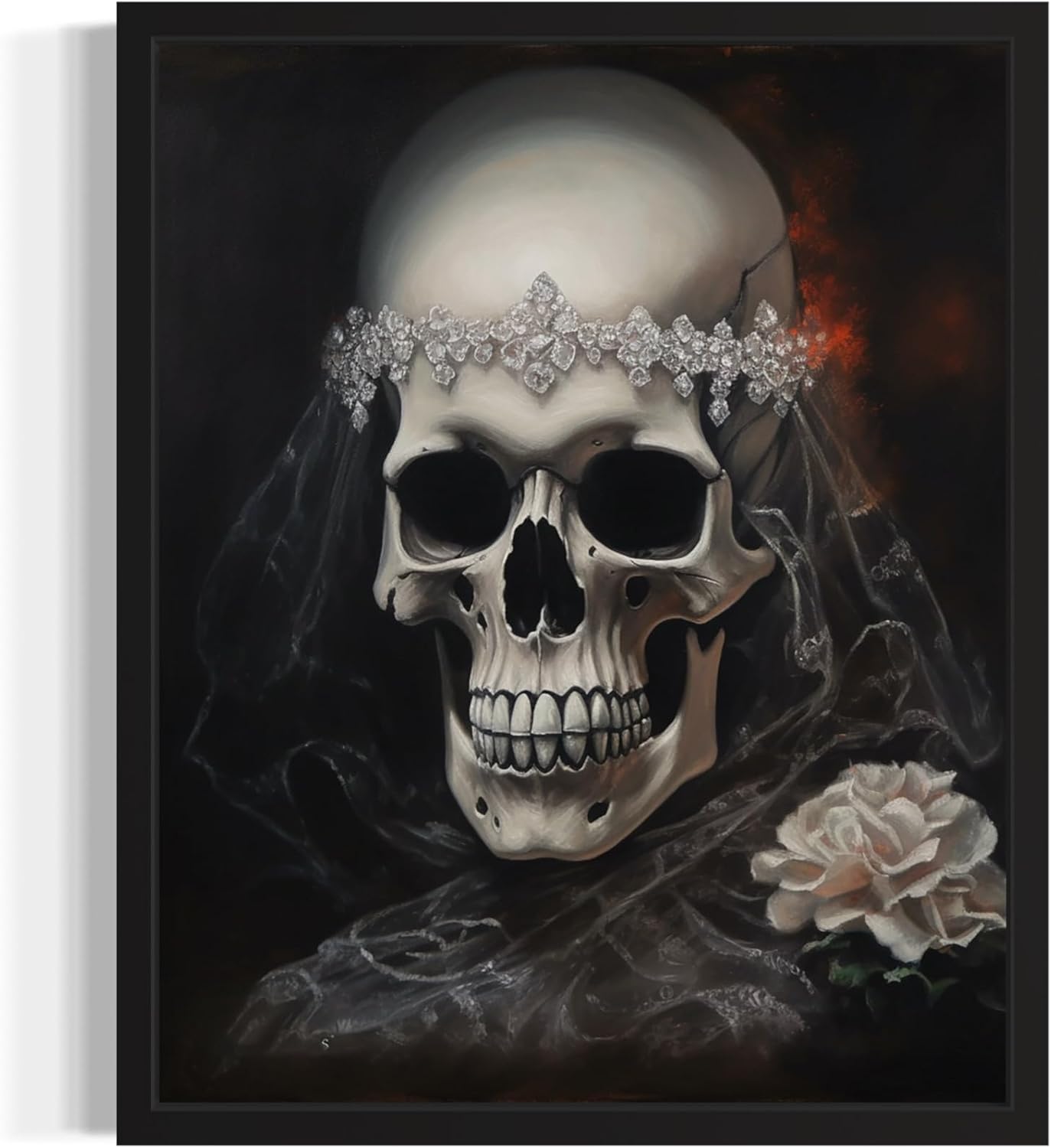 Skull Bride Poster Art Print, Halloween Scary Vintage Wall Art Academia Spooky Painting Decoration for Horror Prints, Gothic Posters Bedroom Decor 89 (Skull Bride, 16 x 20 inches, Black Frame)