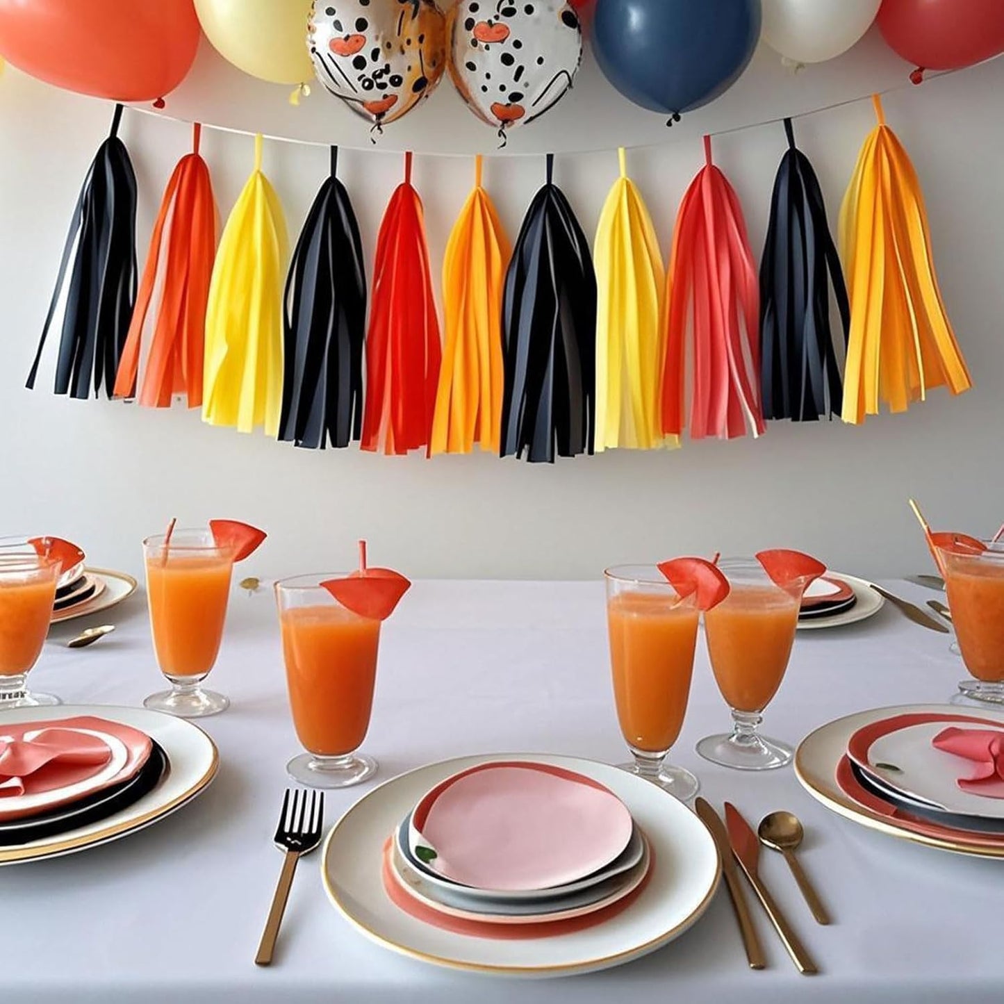 Fire Truck Tissue Tassel Garland - DIY Firefighter Birthday Party Decorations with 20 Pre-Cut Yellow Red Black Orange Paper Garland Banner, for Baby Shower,Race Car,Fire Truck Theme