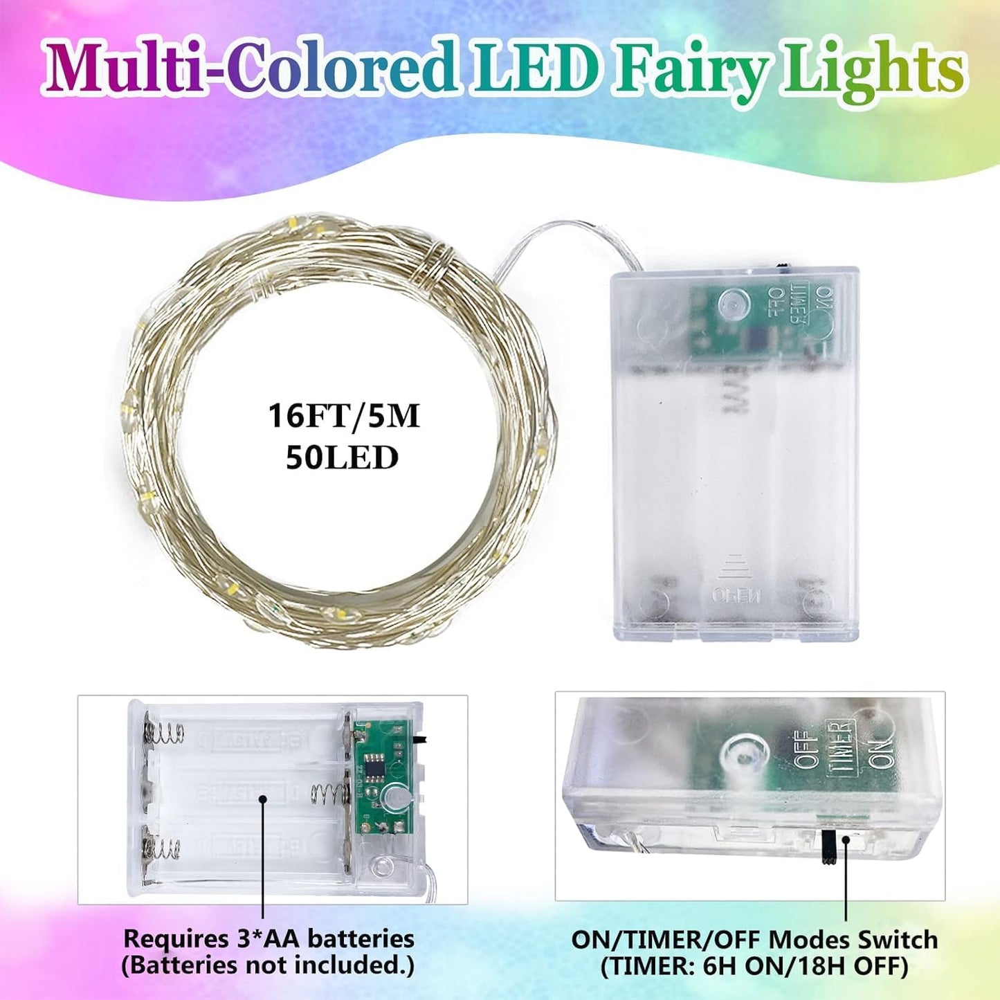 4-Pack Multicolor Christmas Fairy Lights Battery Operated with Timer, Waterproof 16FT 50 LED String Lights Outdoor Indoor, Twinkle Lights for Bedroom Wedding Party Christmas Decoration (Multicolor)