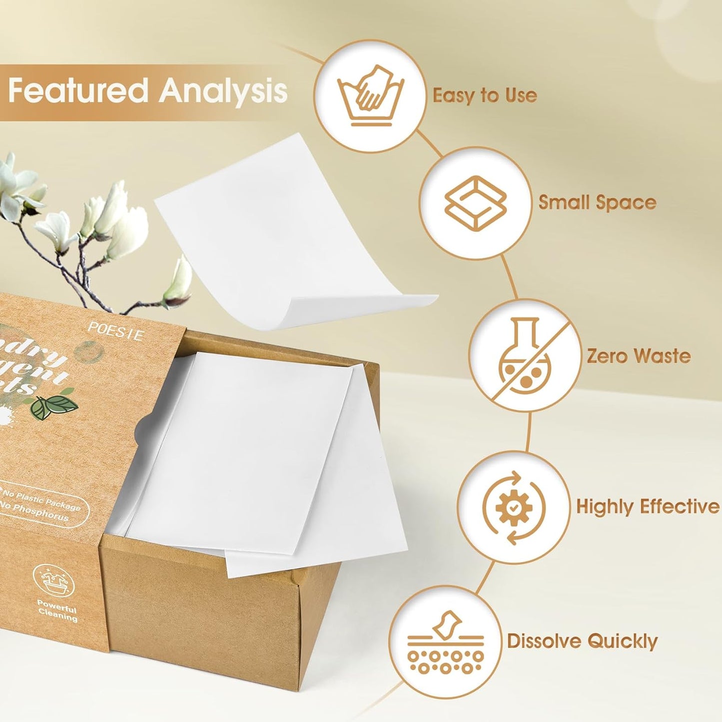 Poesie Laundry Detergent Sheets Magnolia Scent 160 Sheets 80 Large Loads Liquidless Effective Cleaning Zero Waste for All Washing Machine Traveling Dorm Life Save Space