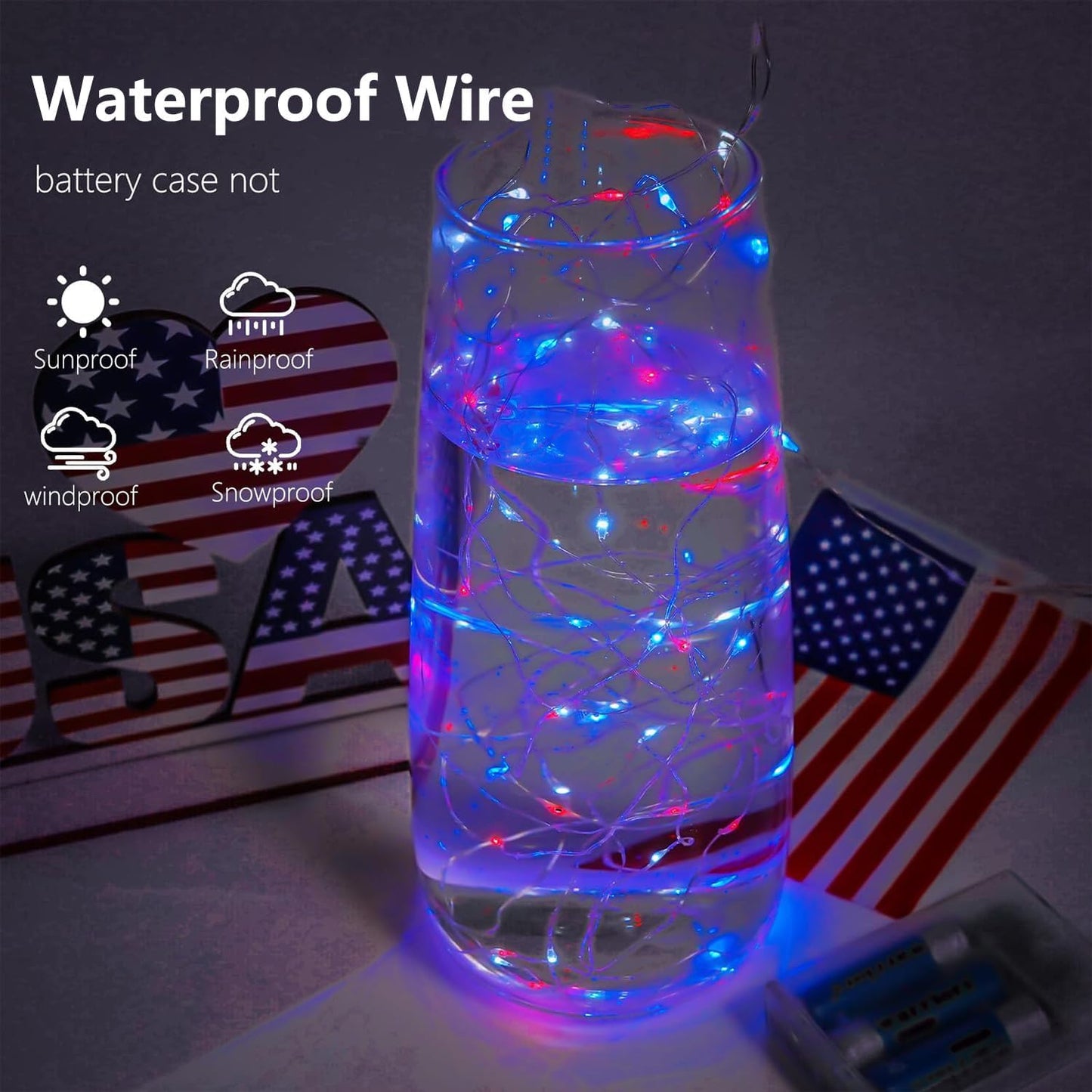 4th of July Decorations, 4-Pack Red White and Blue Fairy Lights Battery Operated with Timer, Waterproof 16FT 50 LED Starry String Lights Indoor Outdoor for Independence Day Memorial Day DIY Home Decor