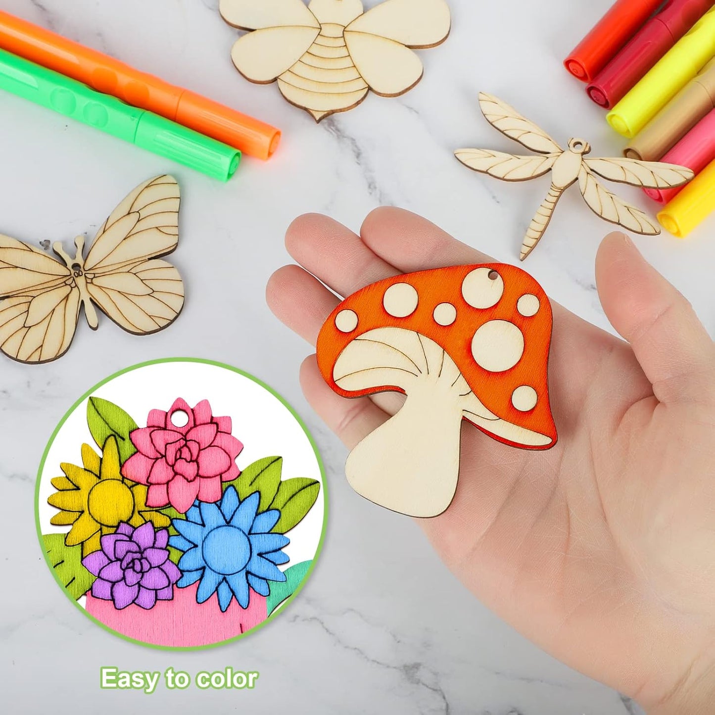 80PCS Wooden Spring Ornaments to Paint, 8 Styles DIY Blank Unfinished Wood Cutouts Ornament for Home Crafts Hanging Decorations, Insect Dragonfly Butterfly Snail Watering Can Mushroom Flower Shape