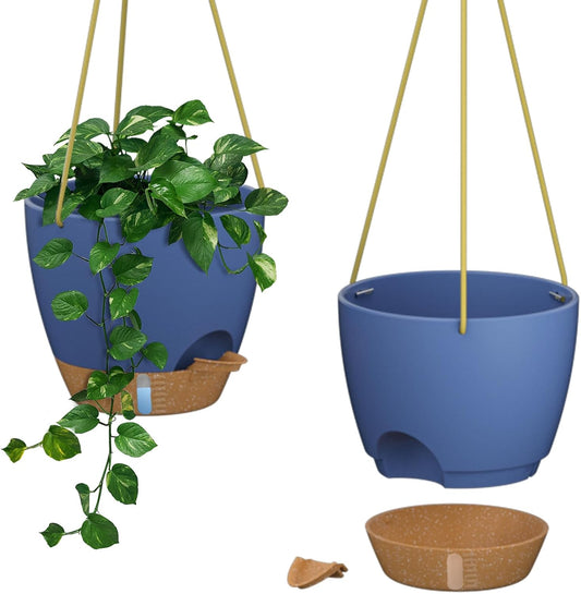 ZMTECH 10 Inch Hanging Planters for Indoor Outdoor Plants, 2 Pack Self Watering Hanging Plant Pots with Drainage Holes and Removable Saucer, Plastic Flower Hanging Pots with Watering Lip (Blue)