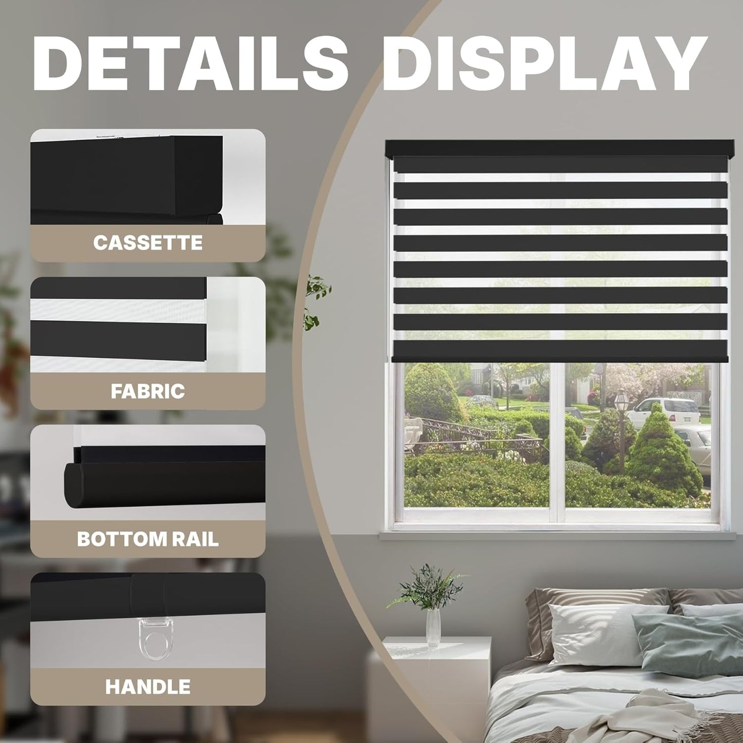 HESTIA Cordless Zebra Blinds Light Filtering Roller Shades UV Blocking Blackout Privacy Indoor Window Shades for Home Office Day and Night, Black,37" W x 54" H
