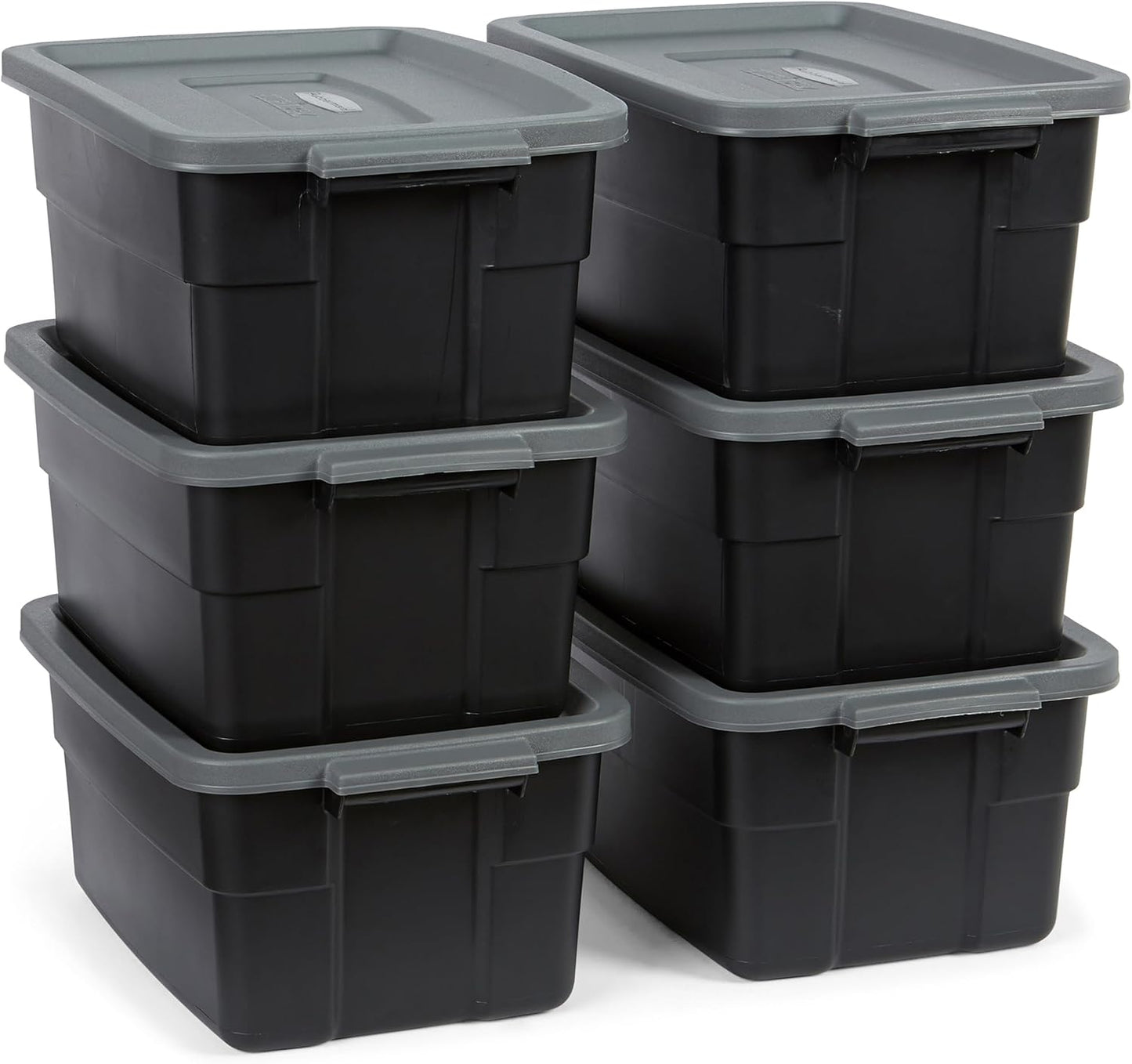 Rubbermaid Roughneck Tote 3 Gal, 6 Pack, Made in USA, Black & Gray, Rugged Plastic Stackable Storage Bins with Lids and Handles