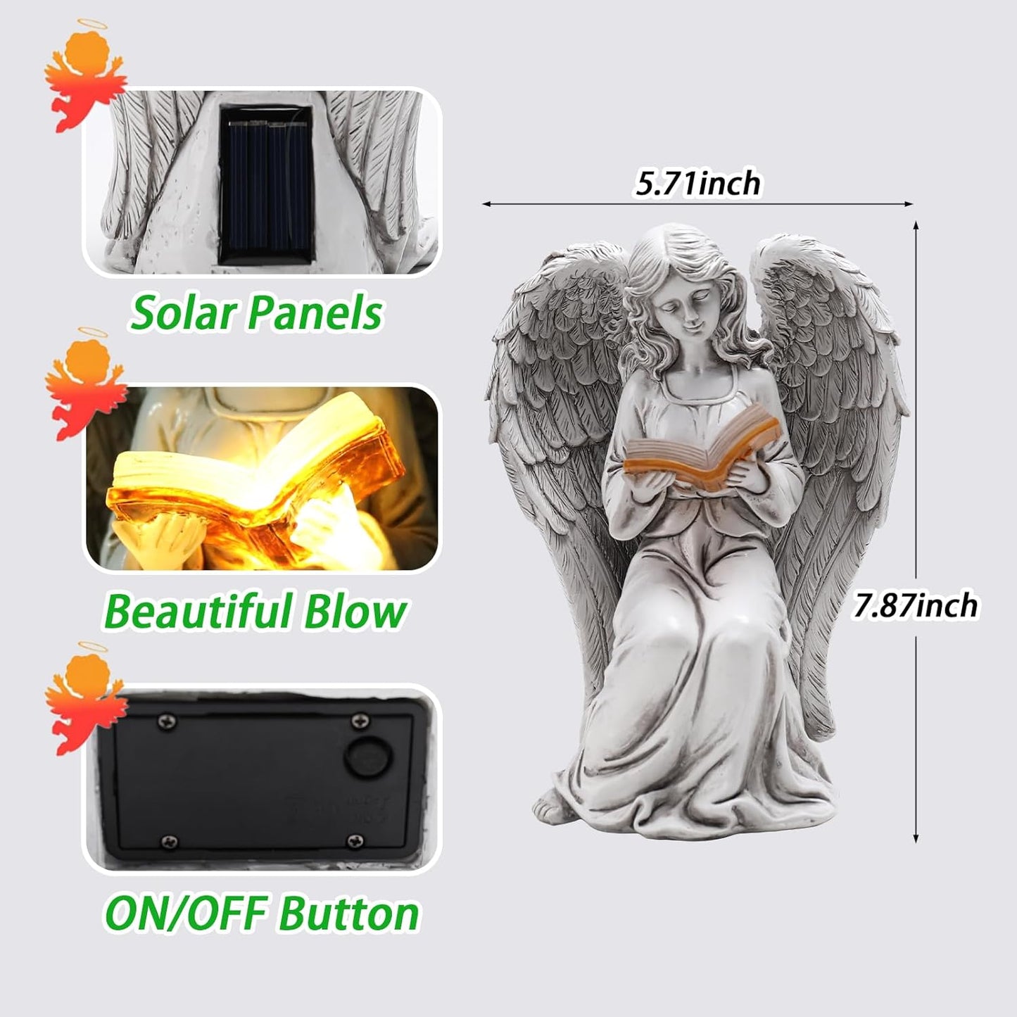 Angel Statue Outdoor Decor, Elegant Angel Garden Statues Reading Book with Solar LED Lights Yard Decorations Lawn Ornaments Figurines Resin Sculpture for Outside, Angel Gardening Gifts