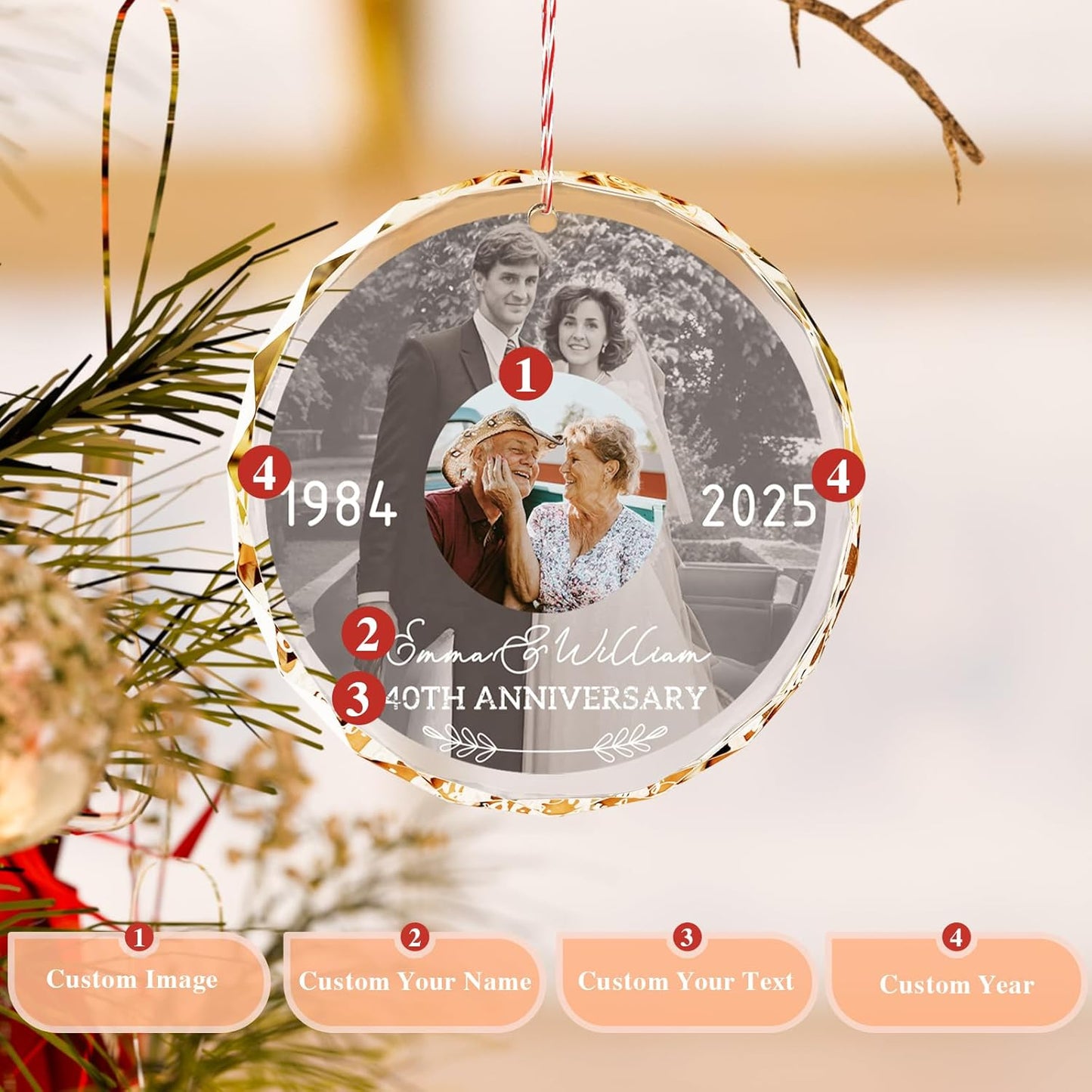 Bemaystar Personalized Wedding Anniversary Ornament with 2 Photos - Then and Now Photos, Personalized Anniversary Ornament with Date Text, Custom Ornaments, Xmas Gifts for Couples Parents Grandparents