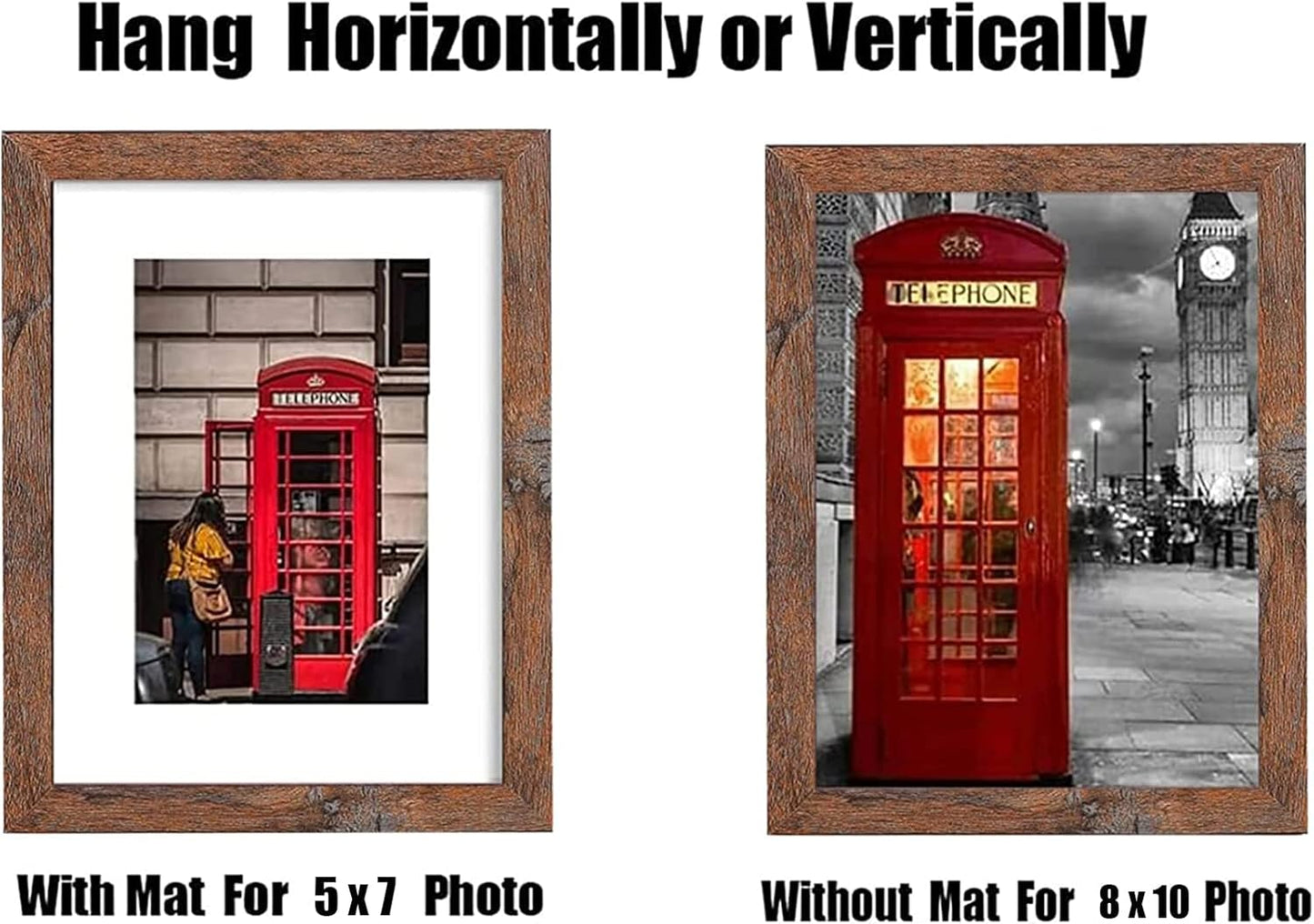 8x10 Picture Frame Set of 6, Display Pictures 5x7 with Mat or 8x10 Without Mat for Wall Mounting, Rustic Brown