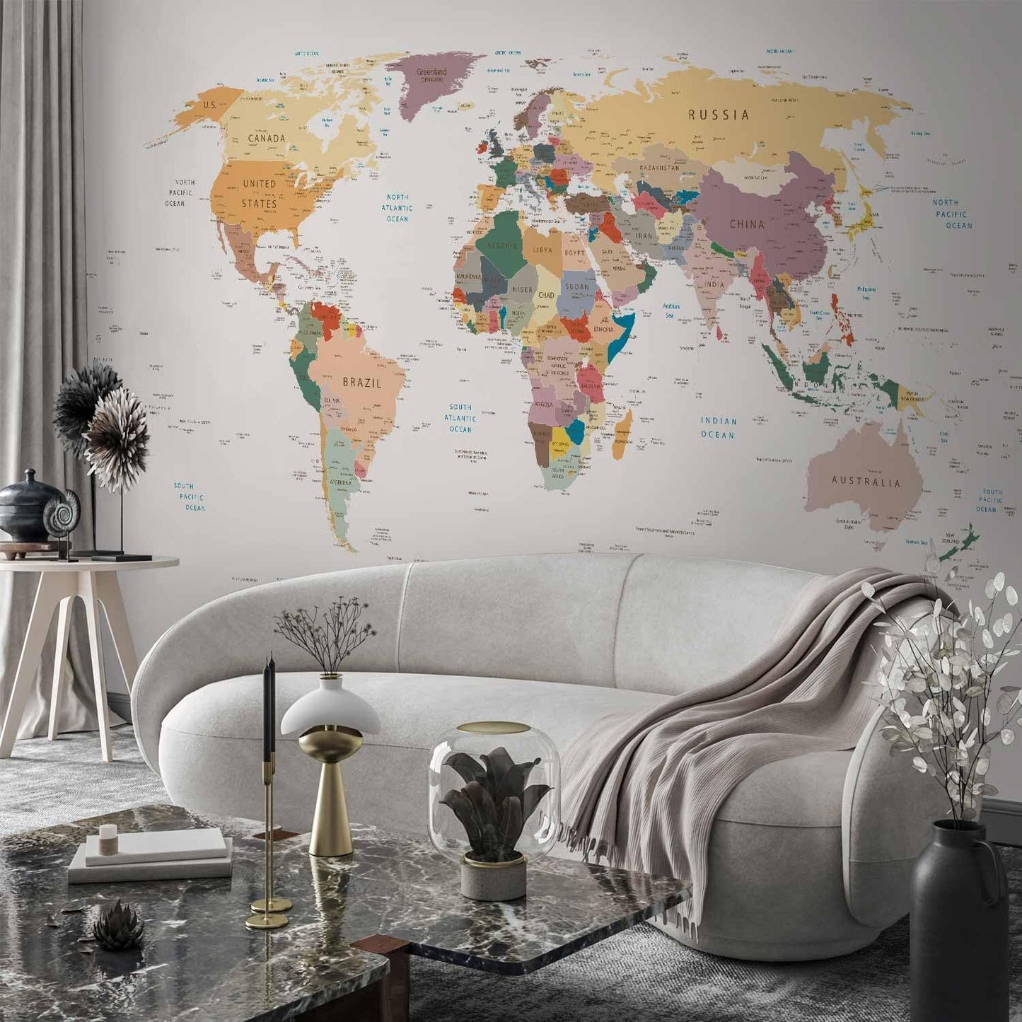 artgeist Premium Wall Mural World Map 177x124 in - XXL Non-Woven Wallpaper Fleece Wall Decor Photo Print Picture Image Design Home Map of The World k-B-0001-a-b
