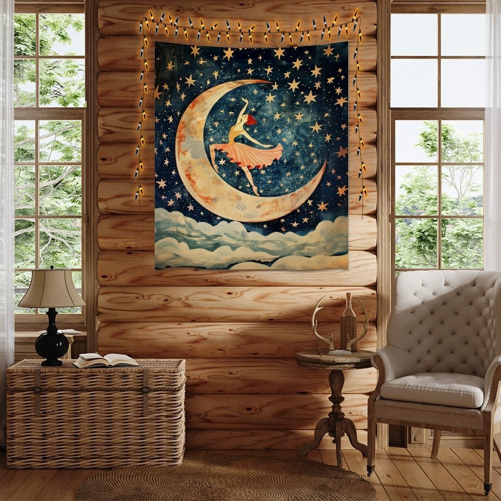 Dancer on the Moon Tapestry Starry Night Sky Art Print Dark Academia Gothic Aesthetic Wall Hanging Stars Moon Clouds Tapestries Whimsical Wall Decor for Nursery Bedroom 70x90inch