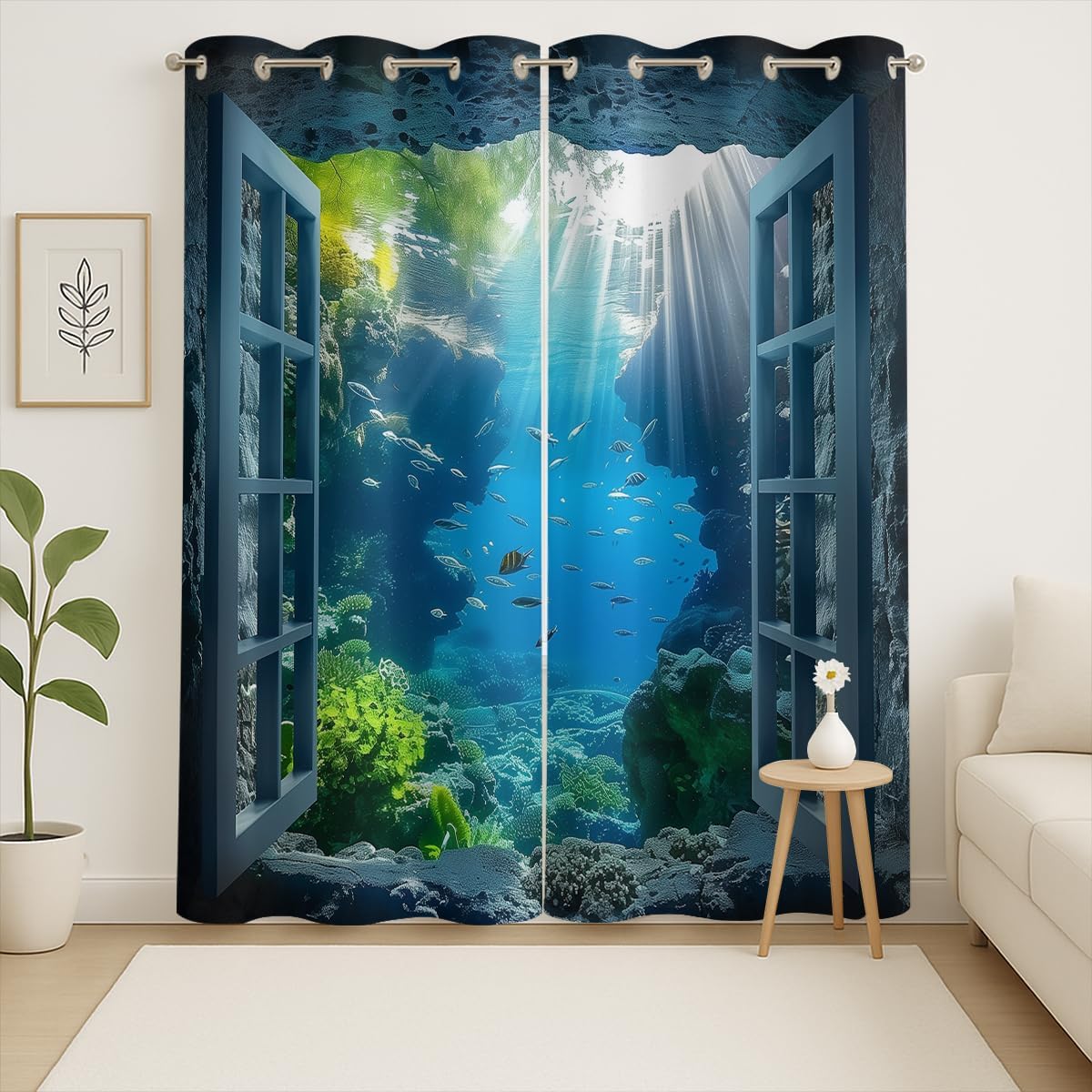 Ocean Fishs Blackout Curtains for Girls Boys Home Decor, Underwater Tropical Fish Undersea Coral Grommet Thermal Insulated Drapes Darkening Window Curtain for Bedroom Living Room, 42 x 45 Inch