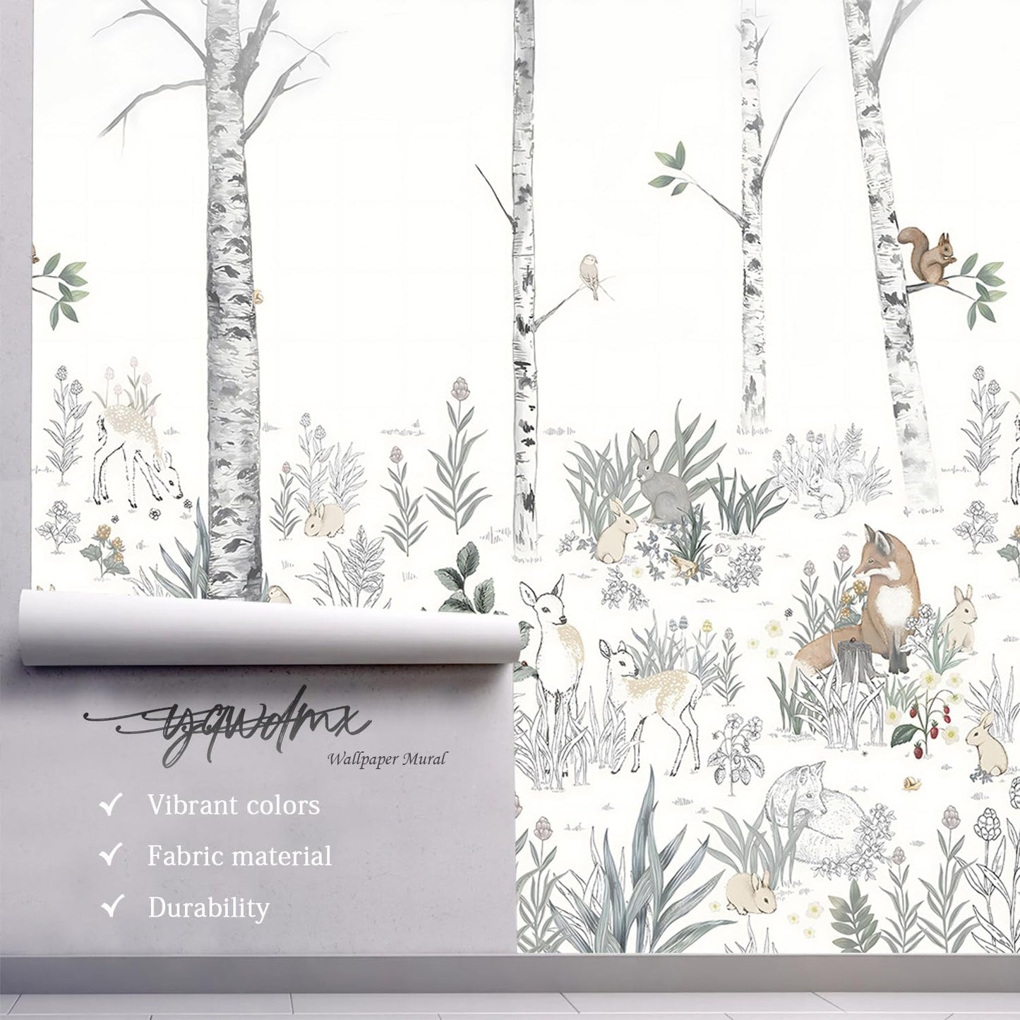 -Nursery Cartoon Woods Hand-Painted Animal Wallpaper Children's Room XT10 S 100" x 65"