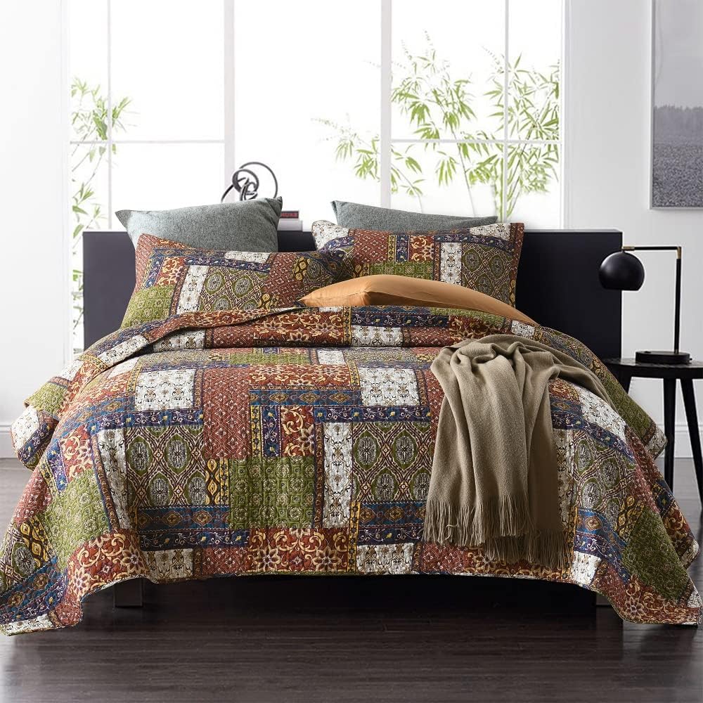 Cotton Bedspread Quilt Sets Reversible Coverlet Sets Comforters Vintage Bohemian Patchwork Bedspread (Brown, Queen Size)