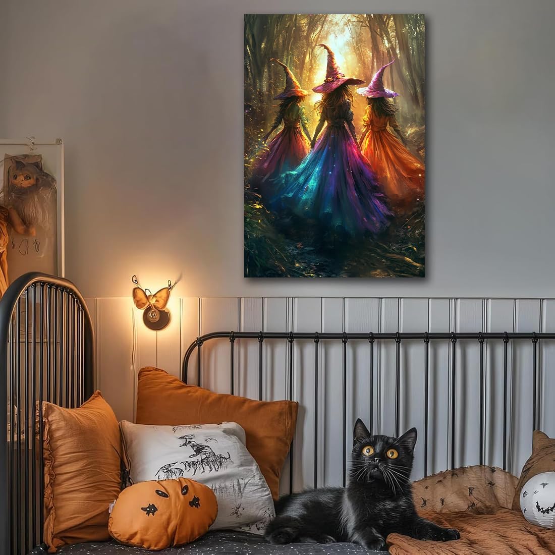 Halloween Room Decor Wall Art Colorful Witch Prints,Vintage Three Colorful Witches in Forest Halloween Posters,Fall Fantasy Aesthetic Pictures Playful Art Wall Decor for Bedroom,20"x30" Framed