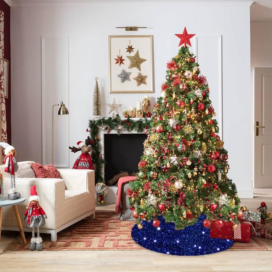 MODFUNS Blue Christmas Tree Skirt 46 Inches Sequin Xmas Tree Skirt Sparkly Tree Mat Round Velvet Tree Skirts Christmas Ornaments Halloween Tree Cover Skirt for Family Embroidery Metallic Tree Base Mat