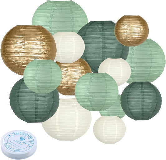 Paper Lanterns Decorative, Round Paper Lanterns Decorations Sage Green/Forest Green/Gold/White for Rustic Party Birthday Party Bachelorette Engagement Wedding Baby Shower 15pcs