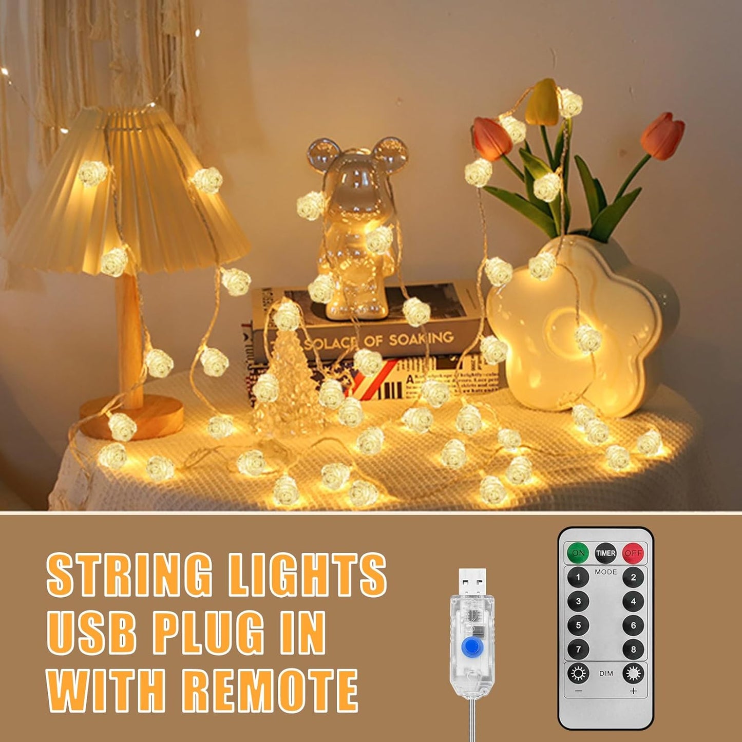 String Lights Indoor, 33Ft 80 LED Rose Flower Lights, 8 Modes Dimmable & Timeable Twinkle Lights, Festival Christmas Decorations for Bedroom Living Room, White, USB Plug, Remote