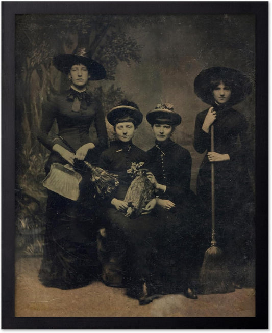 Poster Master Vintage Photograph Poster - Retro Halloween Print - Gift for Artist, Friend - Four Witches Wearing Robes, Sabbath, Coven, Sorcery - Wall Decor for Home, Office, 16x20 Black Framed