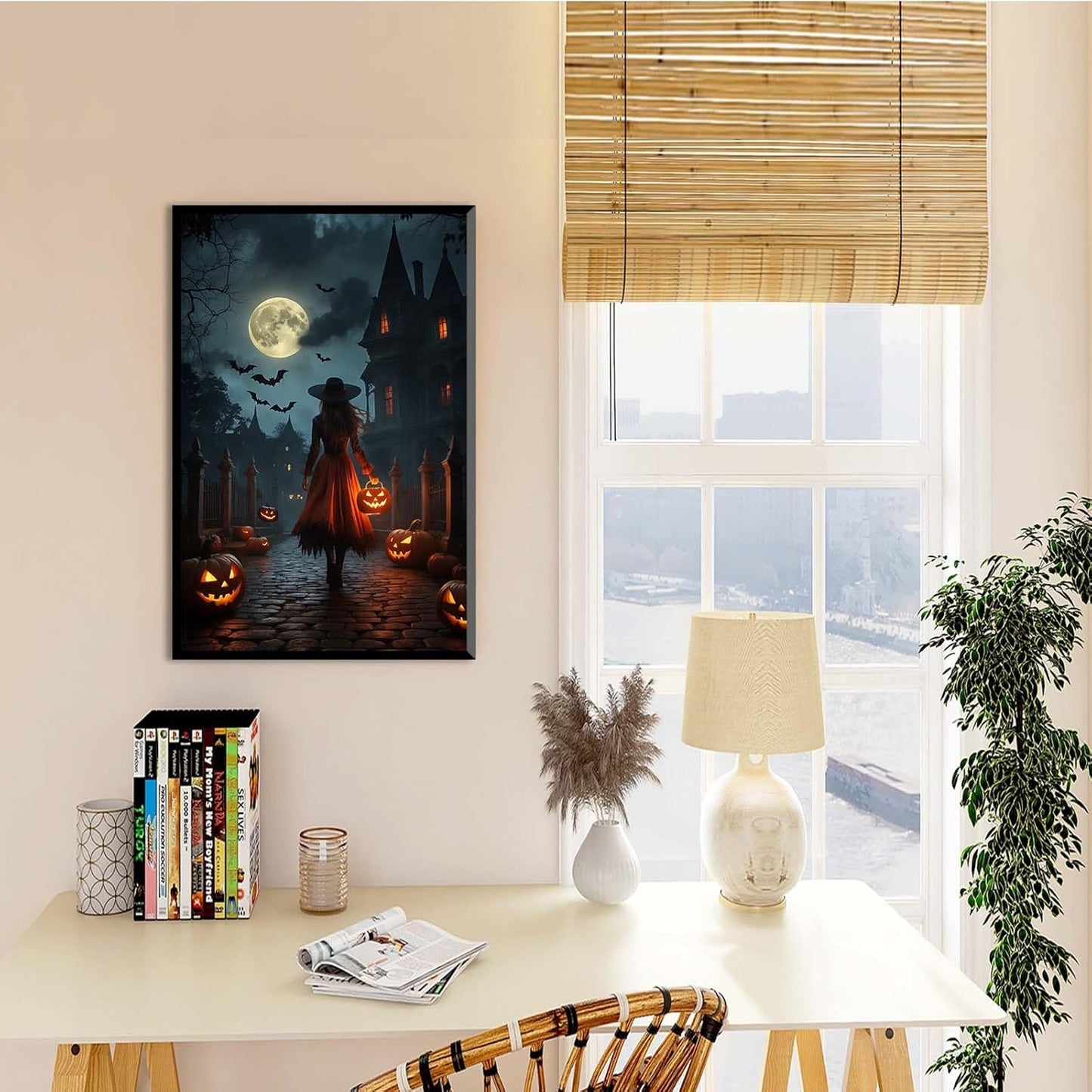 JFHCQJPK Halloween theme poster moonlit autumn night witch vintage poster art print dark college style gothic painting canvas wall decoration bedroom living room ideal gift16x24in Metal blackFramed
