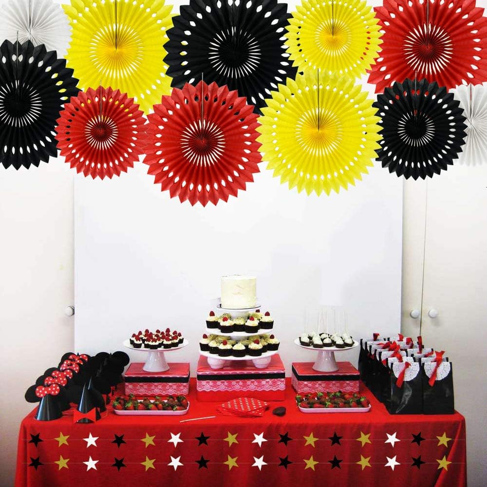 Red Yellow Black Hanging Tissue Honeycomb Round Paper Fans Decoration Kit for Baby Kid Shower Mouse Theme 1st Birthday Wedding Bachelorette Backdrops Anniversary Paper Party Supplies（11 Packs）