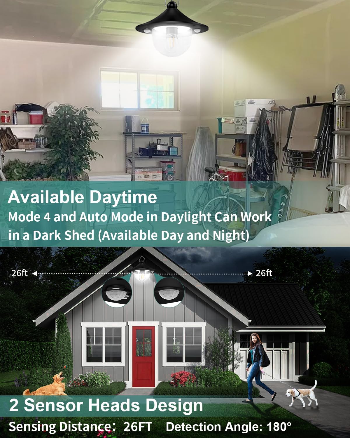 Solar Shed Light Outdoor Indoor 3000LM Solar Lights Daytime Available with Remote Control, Double Motion Sensor & 5 Lighting Modes, Solar Indoor Lights for Gazebo, Shed, Garage, Barn