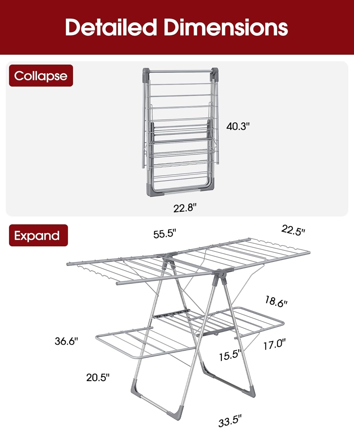Clothes Drying Rack - Foldable Laundry Drying Rack for Clothing & Bedding, Easy-to-Assemble, Space-Saving Metal Airer with Non-Slip Feet, Indoor & Outdoor Use, 55.5"×22.8"×36.6", Gray