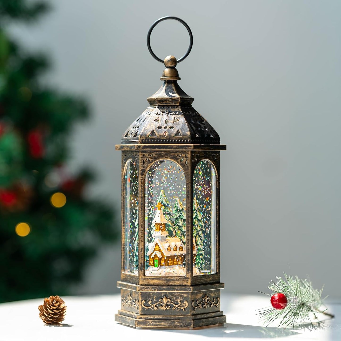 Christmas Snow Globe Lantern Lighted Holiday Village Church with Music& Timer, USB Lined/Battery Operated Lighted Lantern for Christmas Festival Decoration Gifts