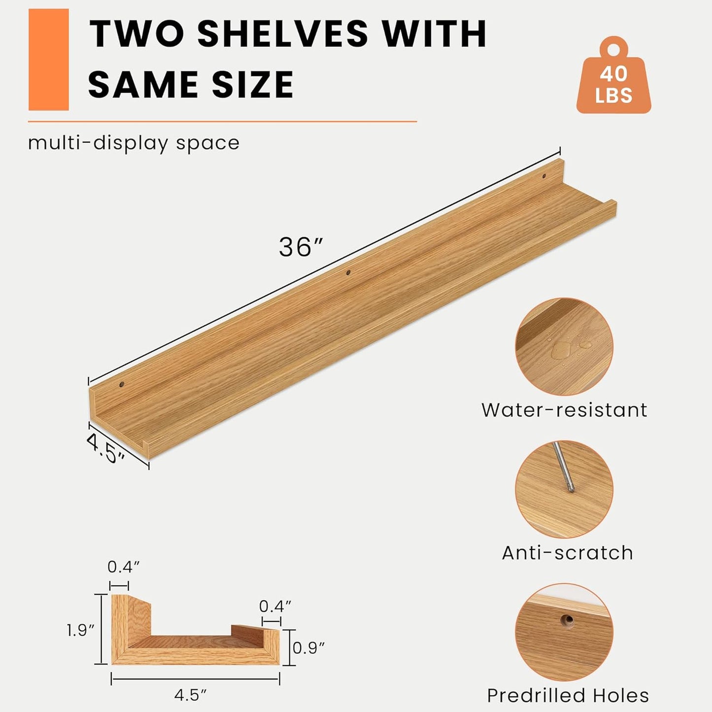 Heimlove Picture Ledge Shelf, Floating Shelves Set of 2, 36 Inches Picture Shelf for Wall with Ledge, Kids Bookshelf Wall Mounted for Living Room Bedroom Decor Books Photo Frames - Natural Oak