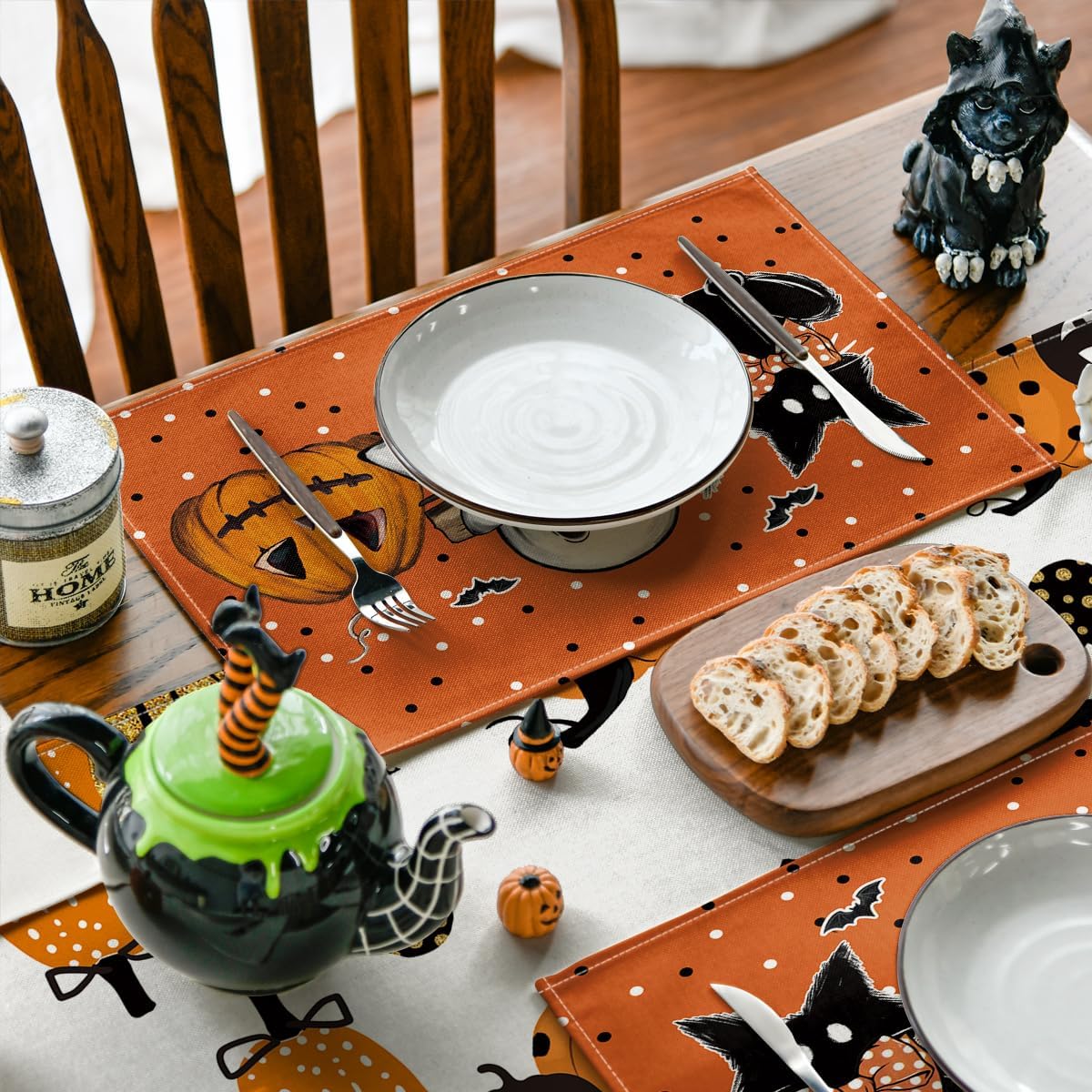 Artoid Mode Orange Polka Dot Ghost Pumpkin Cat Boo Halloween Placemats Set of 4, 12x18 Inch Seasonal Table Mats for Party Kitchen Dining Decoration