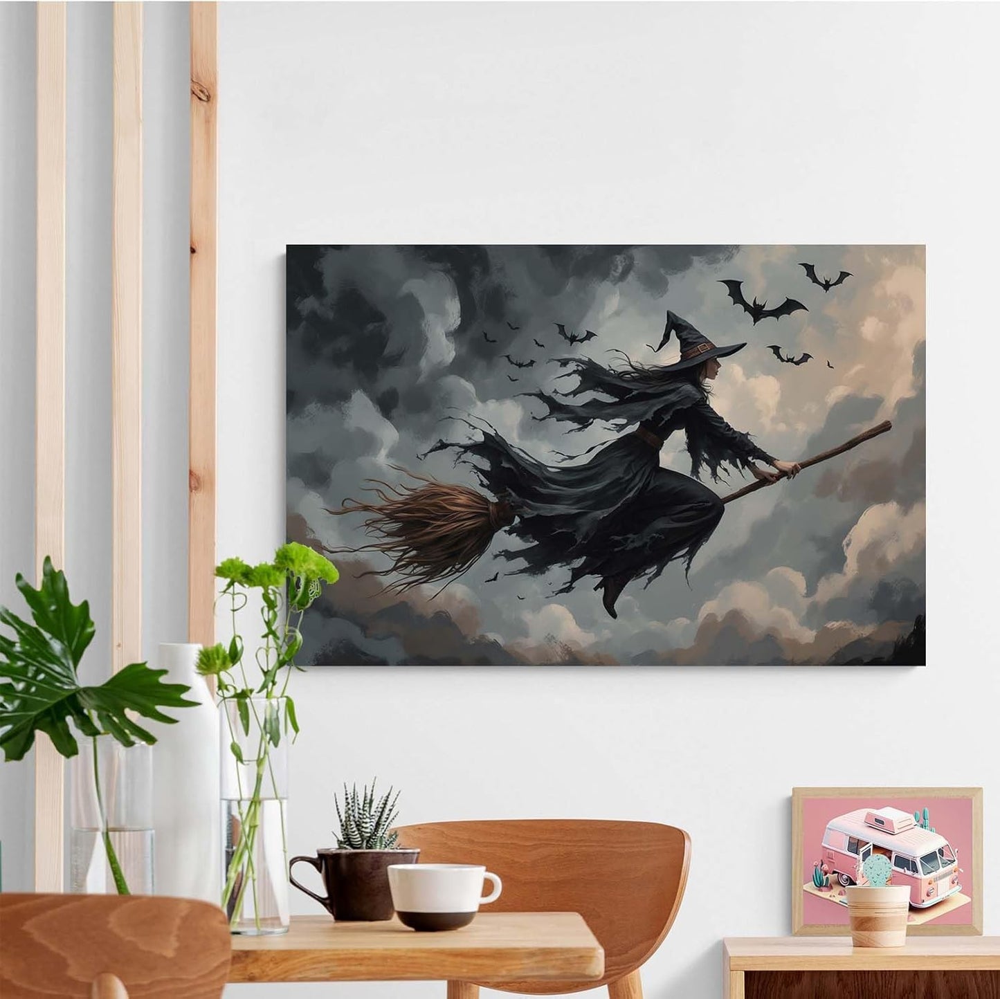 Witch and bat flying Halloween poster suitable for home party wall decoration retro Halloween preppy style wall art canvas print suitable for room decoration16x24in Wood Framed