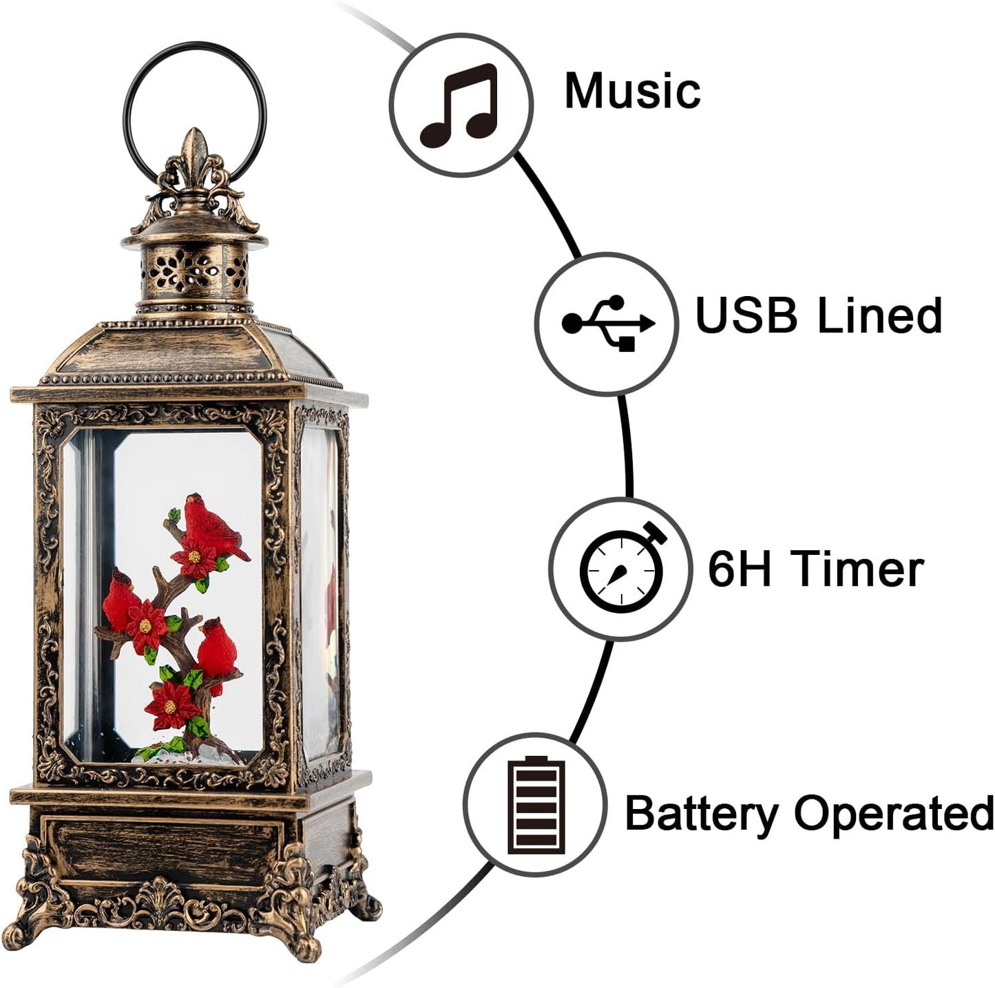 Christmas Snow Globe Water Glittering Cardinal Lantern with Music & Timer, USB Lined/Battery Operated Lighted Lantern for Christmas Festival Decoration Gifts