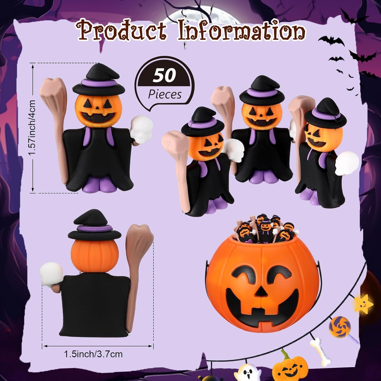 50 Pcs Halloween Mini Figurines Tiny Pumpkin Figures to Hide and Seek Rubber Wizard Miniatures Ornaments Gifts for Halloween Party Favors Table Decorations(Wizard)