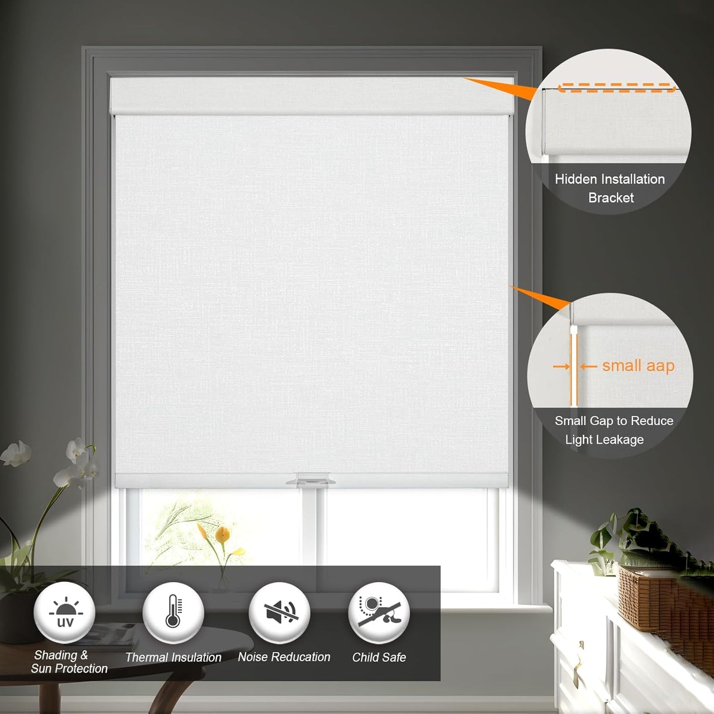 Persilux Blackout Roller Shades & Blinds Windows Shades Free-Stop Blackout with Jacquard Fabric, Cordless Pull Down Shades for Home, Easy to Install for Door/Office, White (31.5"W x 72"H)